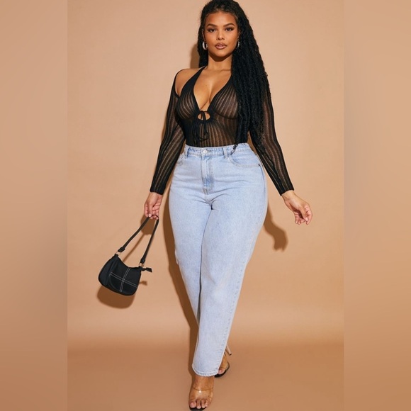 NWT PrettyLittleThing Plus Black Sheer Knit Bodysuit w/ Sleeves Size XXXL - Picture 3 of 7